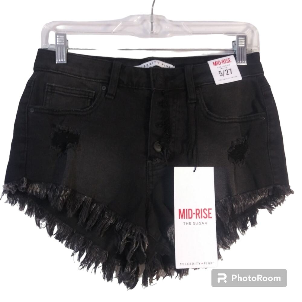 Celebrity Pink The Sugar Black Cut Off Frayed Mid Rise Jean Shorts Size 5/27